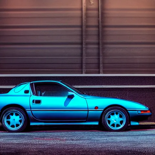 Prompt: a 1 9 8 9 mazda rx 7 in vaporwave parked in an dark alley with bokeh lights behind it.