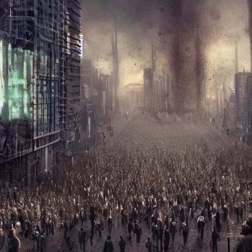 Image similar to hordes of drone-like people aimlessly walking around a depressing dystopian cityscape , trending on artststion, hyper realistic, surreal, melancholic, 8k, upscaled