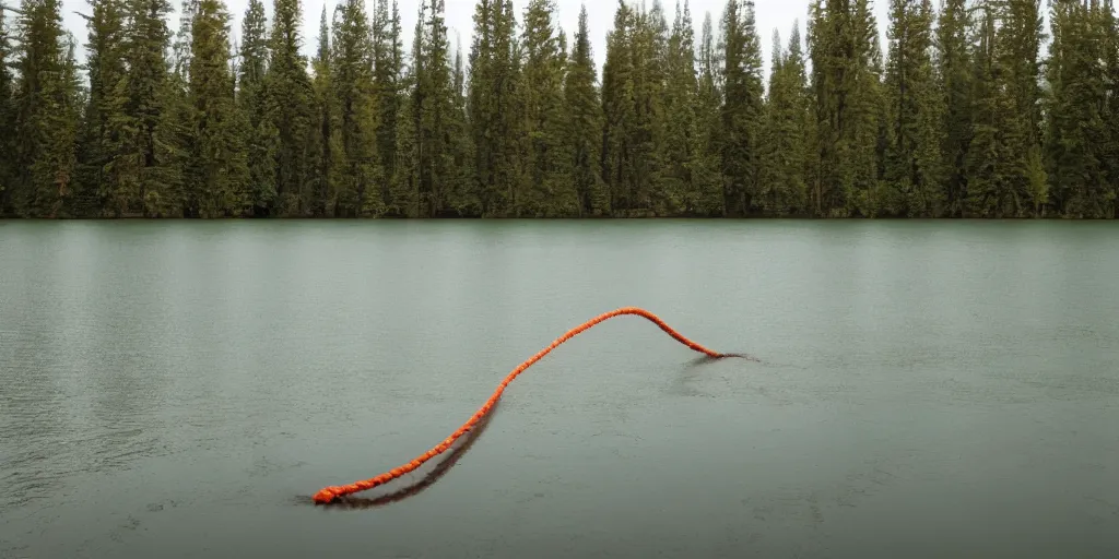 Image similar to symmetrical color photograph of a very long rope on the surface of the water, the rope is snaking from the foreground stretching out towards the center of the lake, a dark lake on a cloudy day, trees in the background, anamorphic lens