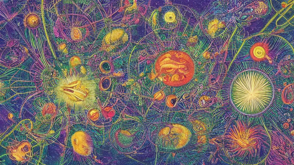 Image similar to quantum connections represented as symbiotic organisms like cells playing around with colorful lights by ernst haeckel