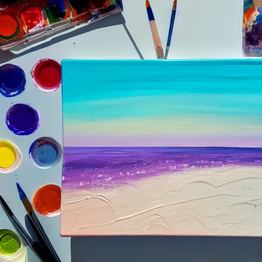 Prompt: Top down acrylic painting of an orange beach and purple ocean