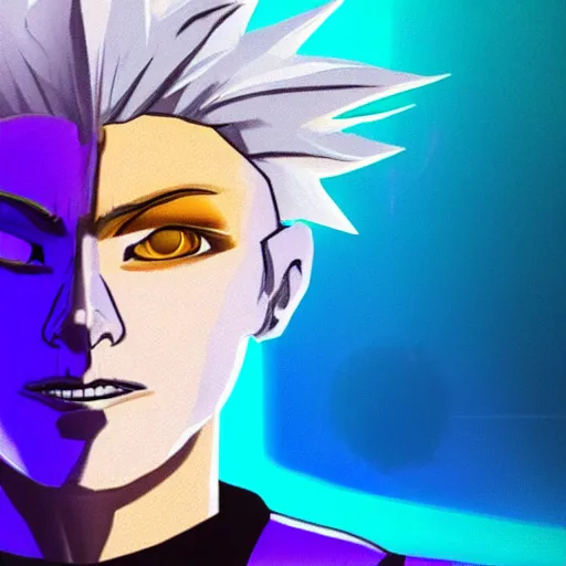 Image similar to portrait of a male humanoid cartoonish wolf with white snout, blue head and light yellow hair looking to the side, synthwave style