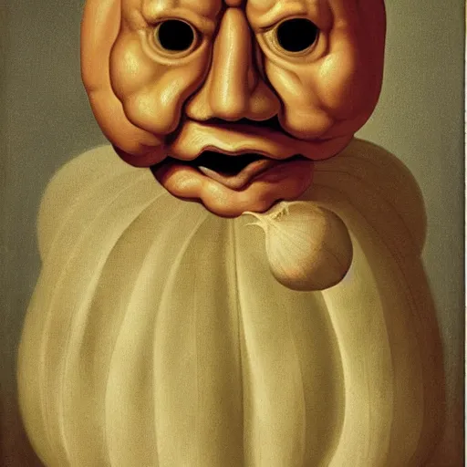 Image similar to onion man portrait, baroque painting, infuriated bulbous onion head