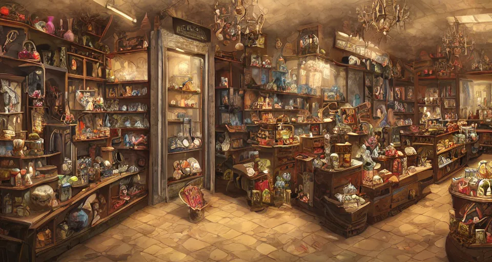 Prompt: A beautiful artwork illustration, a cursed gift shop, featured on artstation, wide angle, horizontal orientation