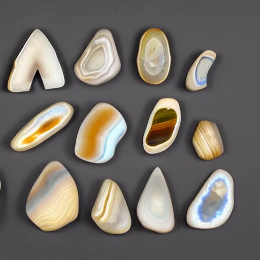 Image similar to a studio portrait of banded agates with letters in the banding white background