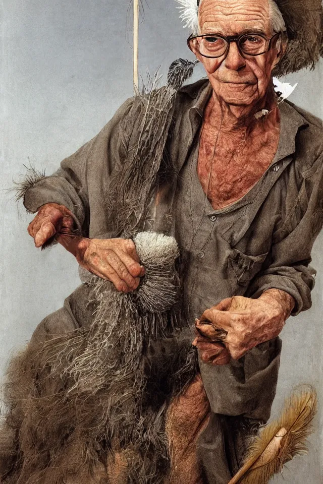 Prompt: full - length full photo of an old wizened stooped man wearing a cap and glasses and shapeless long grey overalls which go down to his ankles, with his feather duster under his left arm, octane render, highly detailed by giuseppe arcimboldo alan lee james gurney