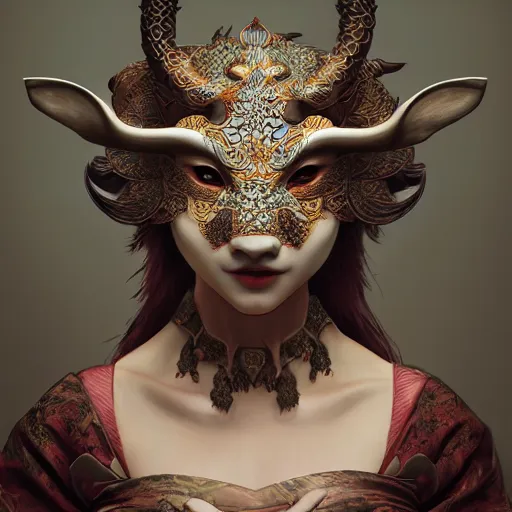 Image similar to a photorealistic dramatic fantasy render of a beautiful woman wearing a beautiful intricately detailed japanese cow kitsune mask and clasical japanese kimono by wlop, artgerm, greg rutkowski, alphonse mucha, beautiful dynamic dramatic dark moody lighting, shadows, cinematic atmosphere, artstation, concept design art, octane render, 8 k