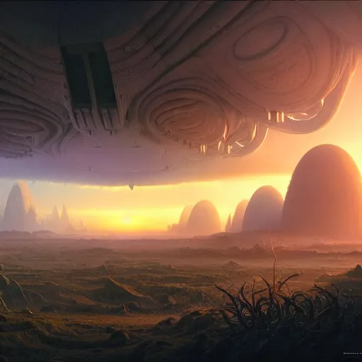 Image similar to a beautiful matte painting of an alien landscape of lush and mystical flora, remnants of a crashed spaceship, alien creatures emerging, sunrise, by Giger and Ralph McQuarrie and Bruce Pennington, cinematic lighting, ambient light, hyperrealism, hires, octane render, 8k, iridescent accents, vray