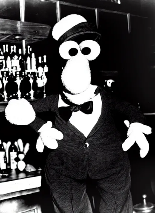 Image similar to a black and white photograph of gonzo the muppet at a speakeasy, from 1 9 3 5