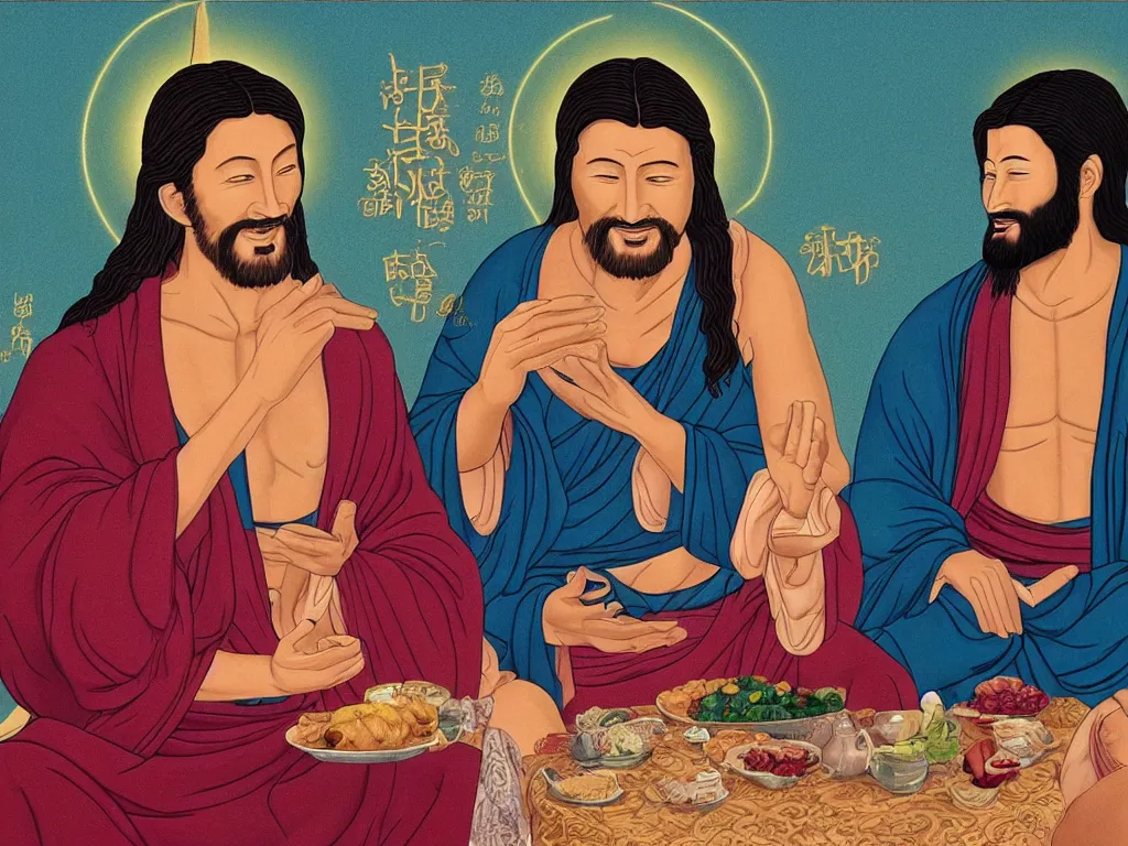 Image similar to jesus and buddha sit drink and laugh together in dessert, hyperrealistic picture,with keanu reves as jesus and jackie chan as buddha,winning of of religion tolerance award 2055,4k,details