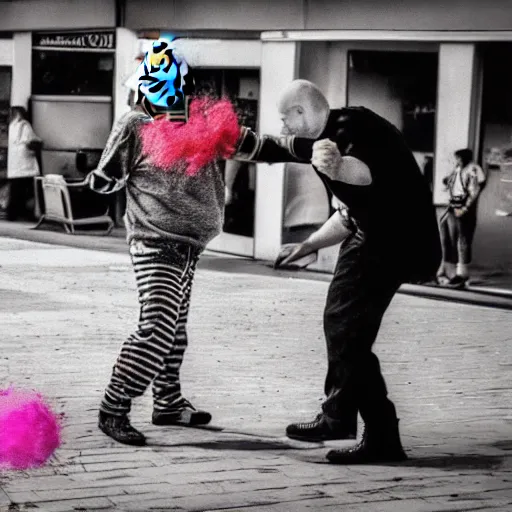 Image similar to a man slapping a clown after being insulted , XF IQ4, 150MP, 50mm, f/1.4, ISO 200, 1/160s, natural light, Adobe Photoshop, Adobe Lightroom, DxO Photolab, polarizing filter, Sense of Depth, AI enhanced, HDR