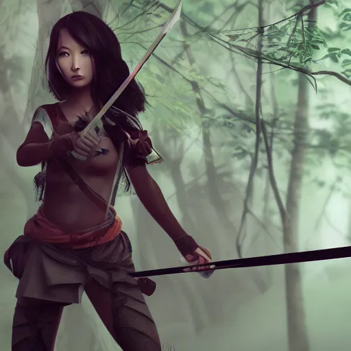 Image similar to beautiful girl in dark forest with a katana sword, character concept style trending on artstation, detailed face, concept art, detailed, octane render cinematic, photo-realistic, 8k, high detailed