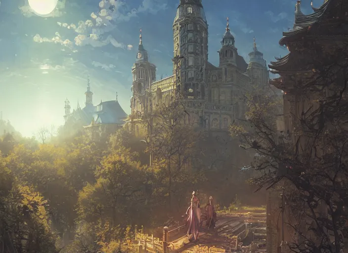 Image similar to highly detailed leipzig, undead land, stephen bliss, unreal engine, wuxia art by greg rutkowski, loish, rhads, ferdinand knab, makoto shinkai and lois van baarle, ilya kuvshinov, rossdraws, tom bagshaw, alphonse mucha, global illumination, radiant light, detailed and intricate environment