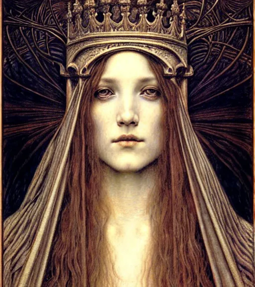 Image similar to detailed realistic beautiful young medieval queen face portrait by jean delville, gustave dore and marco mazzoni, art nouveau, symbolist, visionary, gothic, pre - raphaelite. horizontal symmetry