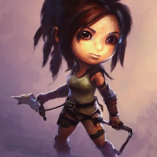Prompt: concept art of chibi Lara Croft exploring a dark dungeon, Justin Gerard