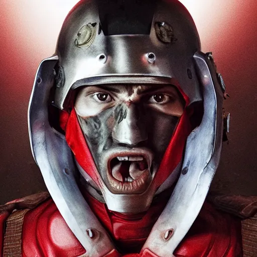 Image similar to a muscular soldier with vertical nose slits, angular eyebrows, wearing blood - spattered glossy sleek white dinged scuffed armor and a long torn red cape, heroic posture, battle - weary, strained expression, determined expression, no helmet, on the surface of mars, dramatic lighting, cinematic, sci - fi, hyperrealistic, detailed