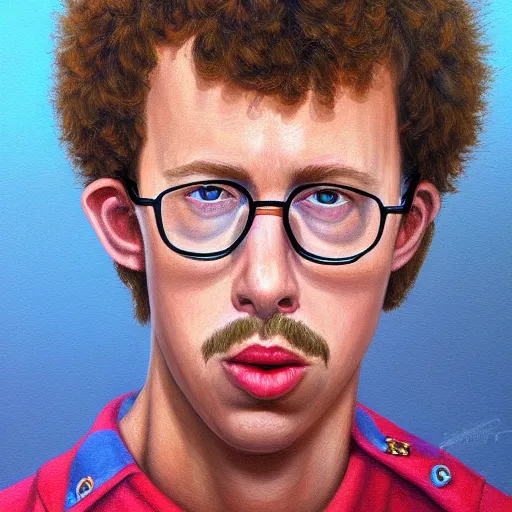 Prompt: Napoleon Dynamite, realistic, hyperrealistic, very realistic, highly detailed, very detailed, extremely detailed, detailed, oil painting, digital art, trending on artstation