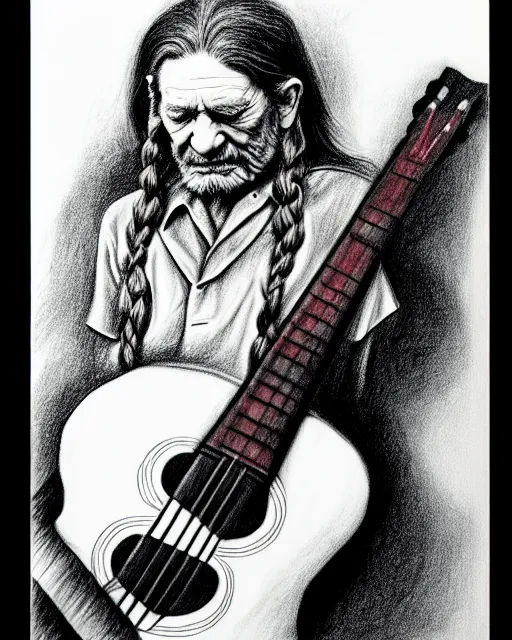 Prompt: a photorealistic portrait of willie nelson hugging his guitar, in the style of salvador dali, pencil drawing, hyperrealist