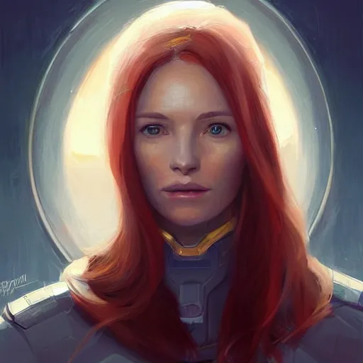 Prompt: Portrait of a woman by Greg Rutkowski, she is about 30 years old, redhead, long straight hair, beautiful oval face, wearing a futuristic spaceship captain uniform, strict but caring mom vibes, highly detailed portrait, digital painting, artstation, concept art, smooth, sharp foccus ilustration, Artstation HQ.