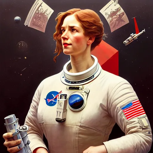 Image similar to socialist realism propaganda poster portrait of and astronaut woman, socialist realism, highly detailed, intricate, digital painting, artstation, sharp focus, illustration, art by jakub rozalski, greg rutkowski, artgerm, tan zi and ayanamikodon and alphonse mucha and wlop