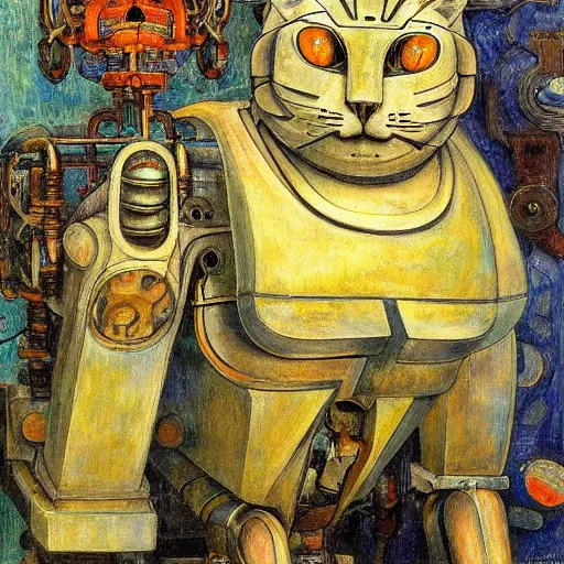 Prompt: the mechanical robot cat, by annie swynnerton and diego rivera, symbolist, dramatic lighting, elaborate geometric ornament, art brut, soft cool colors, smooth, sharp focus, extremely detailed, adolf wolfli and ( donato giancola )