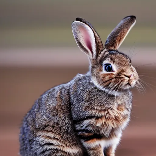 Image similar to high quality photography of species that is rabbit cross cat on simple blurred background from National GeoGraphic Award winning.