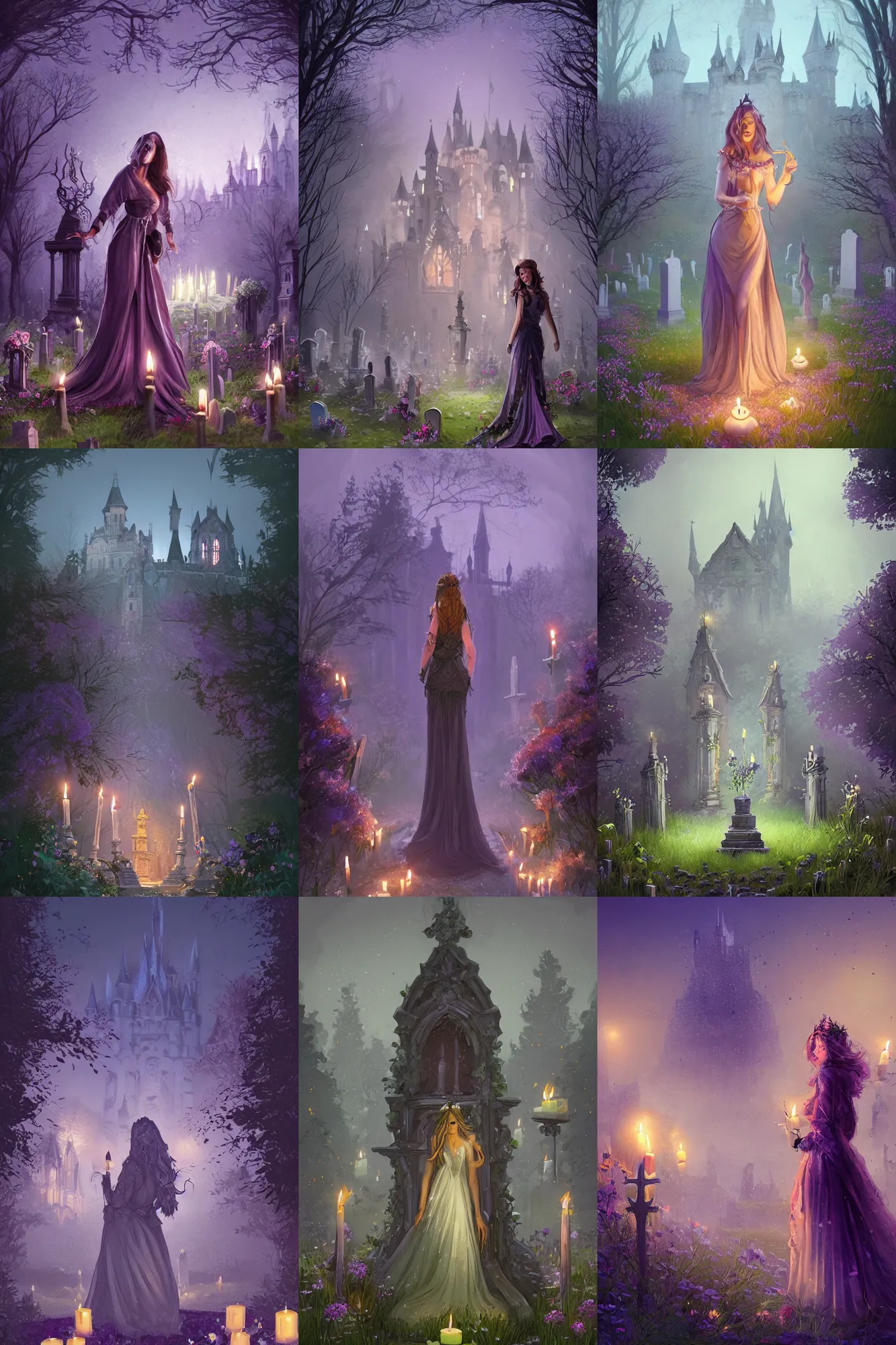 Prompt: beautiful woman, Queen of the ghosts, old cemetery, candles, castle in the background, trees, creepers, beautiful flowers, night, warm atmosphere, purple color, colorfully, full body shot, detailed illustration, digital art, overdetailed art, concept art, Sylvain Sarrailh, Greg Rutkowski, trending on artstation