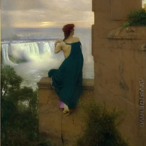 Prompt: a renaissance oil painting by alma tadema of a woman turned back on a stone balcony covered in moss with over shoulder view on the niagara falls waterfall at night, colourful pastel artstation greg rutkowski, detailed academic bouguereau, sharp focus