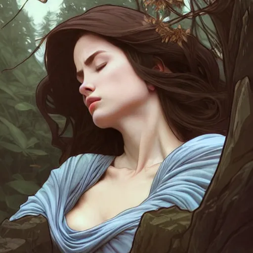 Prompt: wide angle, mage, sleeping on rock, white grey blue color palette, eyes closed, forest, female, d & d, fantasy, intricate, elegant, highly detailed, long brown hair, digital painting, artstation, octane render, concept art, matte, sharp focus, illustration, hearthstone, art by artgerm, alphonse mucha johannes voss