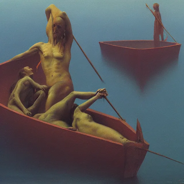 Image similar to A beautiful painting of In the same boat by Zdzisław Beksiński and Ilya Repin,In style of Abstract art.illustration,hyper detailed,smooth, sharp focus,trending on artstation,oil on the canvas,4k