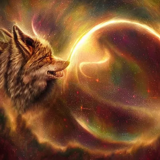 Image similar to of a fantasy painting of a wolfs face in the sky morphing into galaxy ’ s and stars and planets in the style of greg retowski highly detailed cinematic lighting digital art