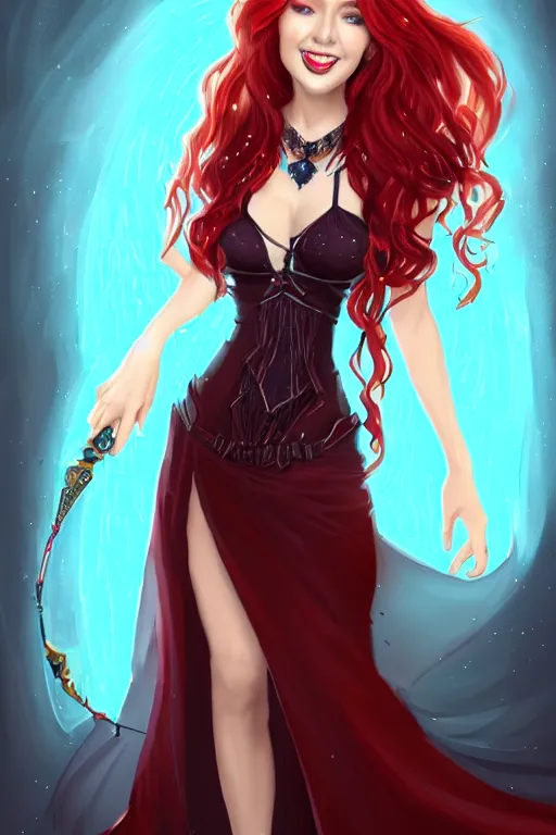Image similar to a full body portrait of a gorgeous female sorceress, looking at camera, D&D, choker on neck, stylish dress, very long flowing red hair, intricate, elegant, stylish, cute slightly nerdy smile, mouth slightly open, fantasy, extremely detailed, digital painting, artstation, concept art, smooth, sharp focus, illustration, stunning lighting, art by artgerm and greg rutkowski and alphonse mucha and simon stalenhag