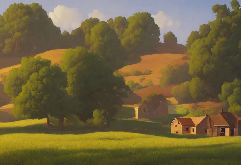 Image similar to a landscape painting of an old farm house in the countryside, summer, painting by kenton nelson, early morning light, puffy couds