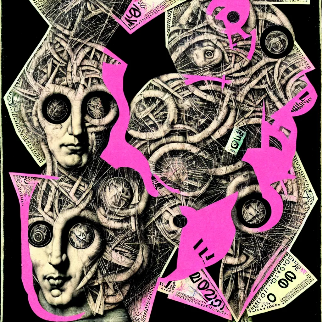 Image similar to post - punk new age album cover, asymmetrical design, dollar bank notes, capitalism, magic, apocalypse, psychedelic, black white pink, magic, giger h. r., giuseppe arcimboldo