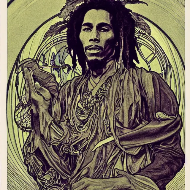 Image similar to polaroid of a vintage record cover by Franklin Booth showing a portrait of Bob Marley as a futuristic space shaman, Alphonse Mucha background, psychedelic art, Reggae, Jamaica, star map, smoke, sciFi