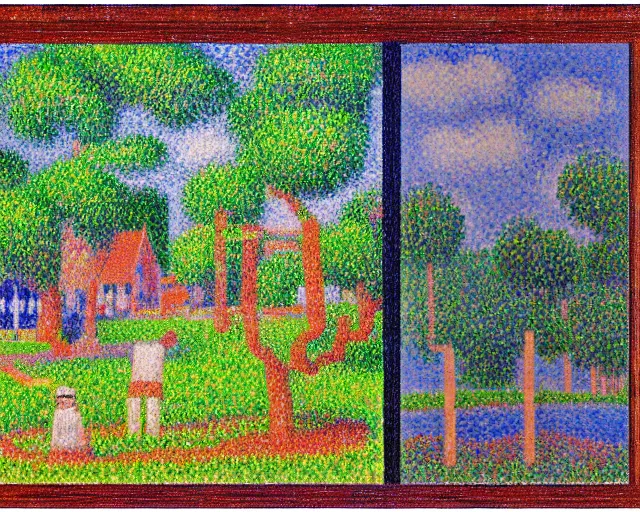 Prompt: pointillism painting of minecraft landscape, by paul signac, by georges seurat, by albert dubois - pillet