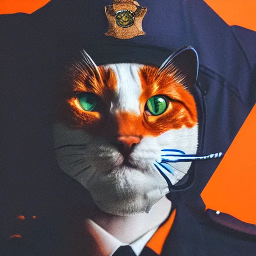 Prompt: high quality photo of a man in a police officer uniform wearing a latex mask of a realistic looking orange/white tabby cat on a dark bg, lit from below by James Jean, natural lighting