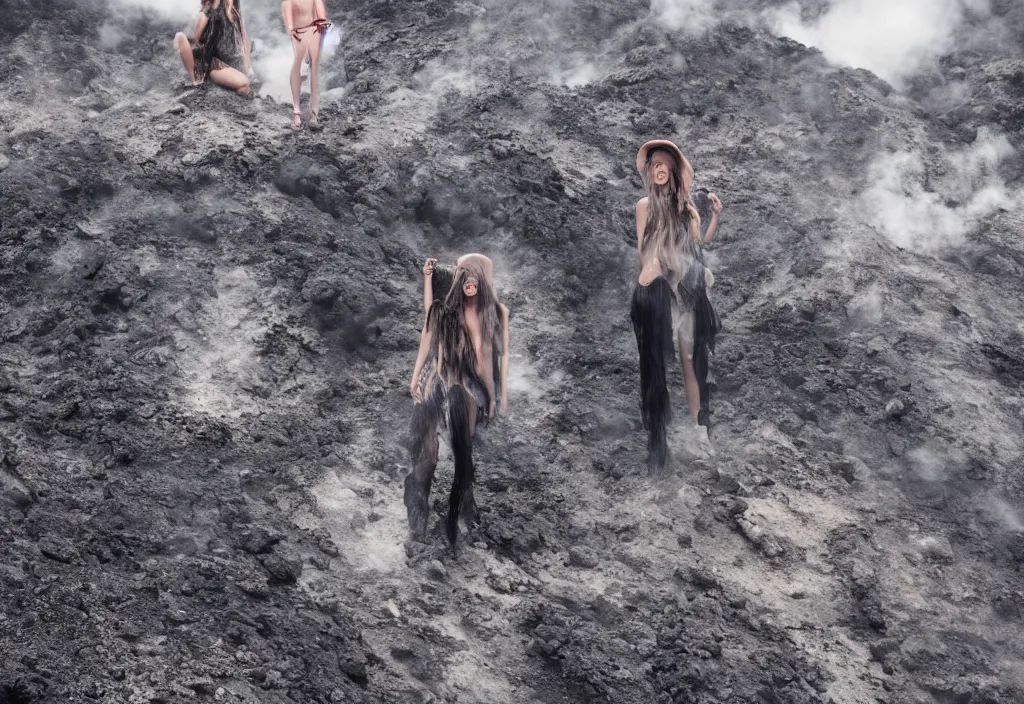 Prompt: fashion editorial in active volcano. wide angle. highly detailed.