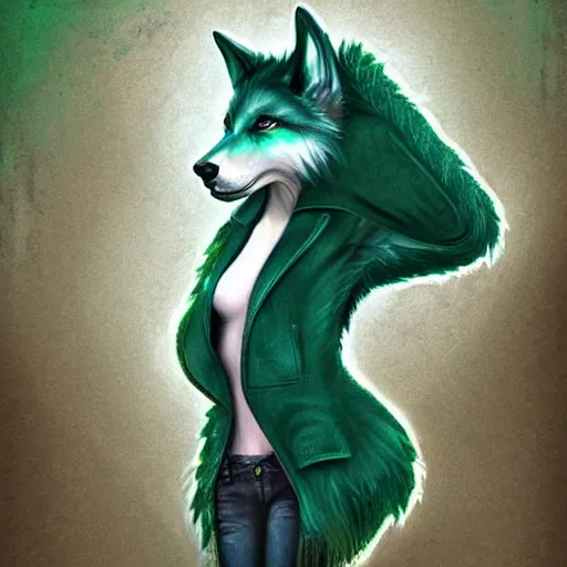 Prompt: Beautiful digital painting, oil painting, anthro anthropomorphic pastel-green androgynous wolf, Punk outfit. lake