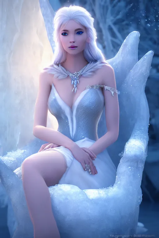 Image similar to Beautiful Ice Princess!! sitting on an ice throne, frost, fantasy, elegant, artstation, hard focus, octane render