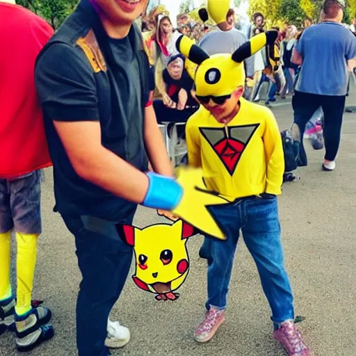 Prompt: a kid dressed up as pikachu zaps his dad