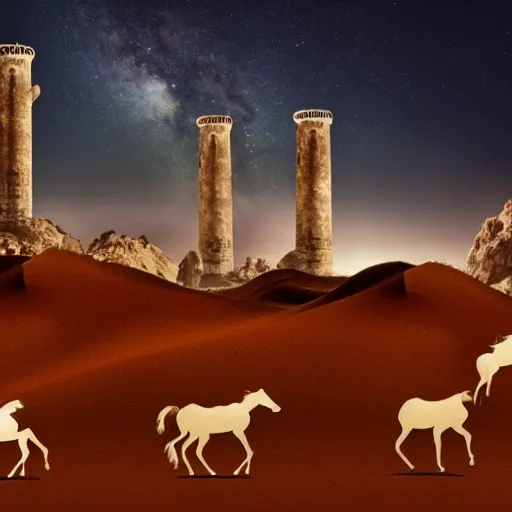 Image similar to desert at night filled with centaurs, tall white tower in the background, HD,