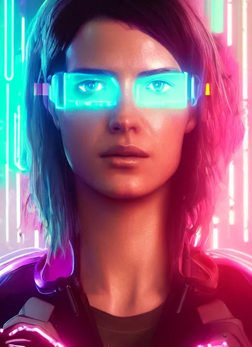 Prompt: portrait of cyberpunk 2 0 7 7 young woman, frank costume, beautiful face, face implants glowing neon, short pink hair, foggy background, extremely detailed, heavy grain, 5 0 mm bokeh, rtx reflections, unreal engine, octane render, art by artgerm and greg rutkowski and magali villeneuve