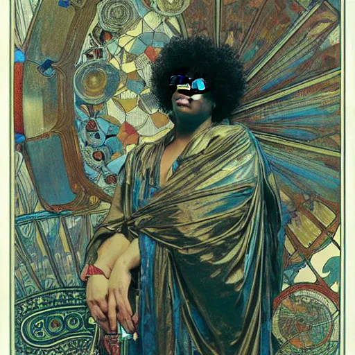 Image similar to richard ayoade sits on his throne as ruler of countdown, oil on canvas, by alphonse mucha, gustave dore, zdzislaw beksinski