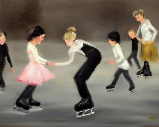 Image similar to Children ice skating. Oil painting by Lisa Yuskavage.