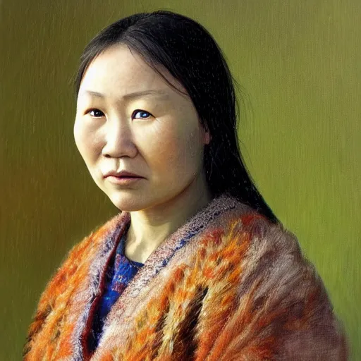 Prompt: portrait of an yakut woman ( 3 5 ) from yakutia, russia in 2 0 2 1, an oil painting by ross tran and thomas kincade
