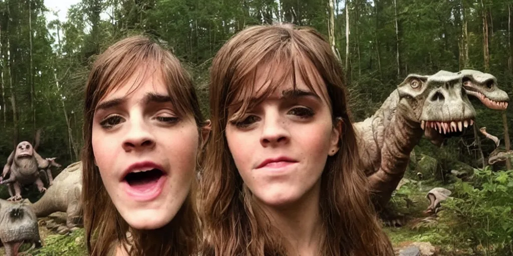 Prompt: photo, hairy fat cave people, emma!! watson!!, looking at camera, surrounded by dinosaurs!, gigantic forest trees, sitting on rocks, bright moon, birthday cake on the ground, front close - up view of her face, selfie, jelly monster