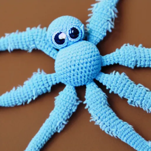 Image similar to cute fluffy light blue color spider with short arms and big eyes crochet doll standing on sand, hyperrealistic photograph, highly detailed, tactile, 8k, close up, macro