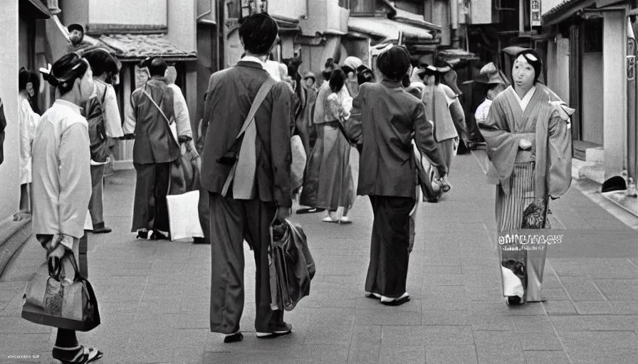 Image similar to mr. hulot lost in the streets of gion, inquiring directions from a geisha in old kyoto, cinematic 1 9 7 0, in the style. of wes anderson and jacques tati