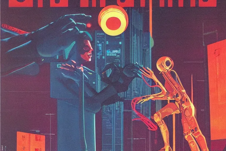 Image similar to a 1982 cover of OMNI magazine depicting an anatomically correct hand holding an electronic box. Neo-Tokyo. Cyberpunk style art by Vincent Di Fate.